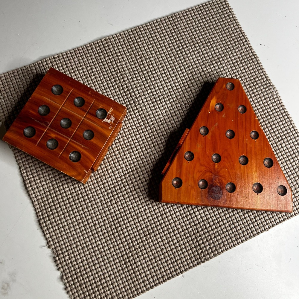 Vintage Quimby Wooden Game Set Tic-Tac-Toe and Triangle Peg Solitaire Marbles